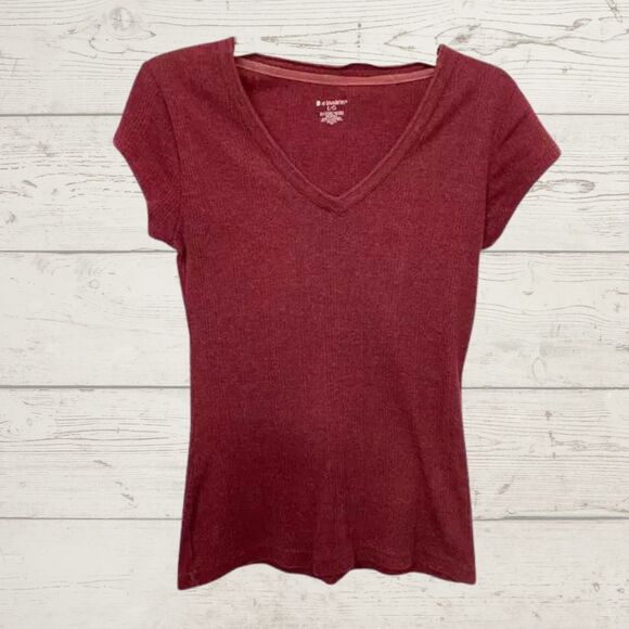 No Boundaries Maroon Top,  V-Neck Tight Knit Women's Pullover Short Sleeved Sz L - Picture 1 of 7